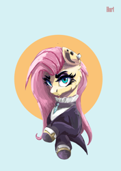 Size: 2480x3508 | Tagged: safe, artist:i love hurt, derpibooru import, fluttershy, pegasus, pony, g4, angry, bust, clothes, dress, fluttergoth, looking at you, nimbus, simple background, solo