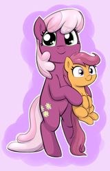 Size: 1484x2312 | Tagged: safe, artist:heretichesh, derpibooru import, cheerilee, scootaloo, earth pony, pegasus, pony, cheeribetes, colored, cute, cutealoo, female, filly, foal, holding a pony, looking at you, mare, mother's day, outline, simple background, white outline