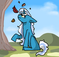 Size: 536x521 | Tagged: safe, artist:how-are-you-321, derpibooru import, oc, oc:fleurbelle, alicorn, cloud, female, golden eyes, leaf, mare, raised hoof, raised leg, sitting, sky, tree