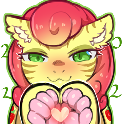 Size: 1159x1159 | Tagged: safe, artist:cold-blooded-twilight, derpibooru import, strawberry sunrise, big cat, hybrid, pegasus, pony, tiger, 2022, blushing, both cutie marks, ear fluff, ears, heart, looking at you, paw pads, paws, simple background, slit eyes, species swap, stripes, tiger pony, transparent background, underhoof, underpaw, wide hips, year of the tiger