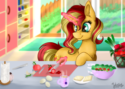 Size: 4093x2894 | Tagged: safe, artist:julunis14, derpibooru import, sunset shimmer, pony, unicorn, cup, food, knife, magic, smiling, solo, table, telekinesis, tomato