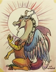 Size: 734x933 | Tagged: safe, artist:reptilianbirds, derpibooru import, discord, draconequus, halo, smiling, solo, traditional art