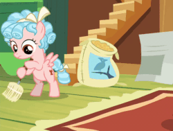 Size: 800x606 | Tagged: safe, derpibooru import, screencap, apple bloom, cozy glow, pegasus, pony, marks for effort, season 8, spoiler:s08, animated, bag, bipedal, bird seed, bow, broom, cleaning, cozybetes, cropped, curly hair, curly mane, cute, dresser, female, filly, fluttershy's cottage, fluttershy's cottage (interior), foal, freckles, gif, nervous, pure unfiltered evil, ribbon, rug, small wings, solo focus, stairs, wings