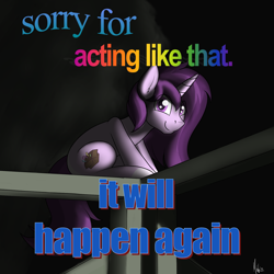 Size: 1600x1600 | Tagged: safe, artist:ponynamedmixtape, derpibooru import, oc, oc only, oc:czupone, unicorn, dark background, looking at you, male, meme, mischievous, ponified, ponified meme, smiling, solo, text