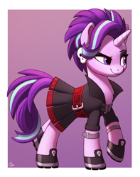 Size: 750x950 | Tagged: safe, artist:luminousdazzle, derpibooru import, starlight glimmer, pony, unicorn, g4, alternate hairstyle, boots, edgelight glimmer, eyeshadow, female, makeup, mare, outfit, punk, shoes, simple background, skull, smiling, smirk, solo