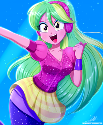 Size: 1784x2163 | Tagged: safe, artist:the-butch-x, derpibooru import, lemon zest, dance magic, equestria girls, spoiler:eqg specials, breasts, busty lemon zest, cleavage, clothes, cute, dress, eyeshadow, female, headphones, looking at you, makeup, open mouth, open smile, signature, smiling, solo, uvula, wristband, zestabetes