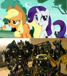 Size: 392x439 | Tagged: safe, derpibooru import, edit, screencap, applejack, rarity, earth pony, pony, robot, unicorn, autobot, bayformers, comparison, female, ironhide, male, mare, ratchet (transformers), transformers, walrus moustache