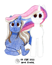 Size: 2954x3687 | Tagged: safe, artist:moon flower, derpibooru exclusive, derpibooru import, oc, oc only, oc:moon flower, oc:noble pinions, alicorn, pony, 2022, 2022 community collab, alicorn oc, blue coat, colored pencil drawing, derpibooru community collaboration, duo, ethereal mane, female, folded wings, futa, gray mane, herm, hooves, horn, intersex, logo, looking at you, pencil drawing, signature, simple background, sitting, smiling, standing, traditional art, transparent background, white coat, wings