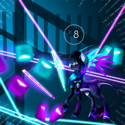 Size: 1920x1920 | Tagged: safe, artist:chazmazda, derpibooru import, oc, oc only, pegasus, pony, action, action lines, armor, beat saber, black hair, blue hair, coat markings, combo, cubes, detailed, detailed background, eye, eye shimmer, eyes, full body, game, gaming, hair, happy, hologram, horns, light, lighting, long hair, long tail, mark, pegasus oc, pose, present, purple hair, saber, shade, shading, shine, shiny, shiny eyes, short hair, smiling, solo, sword, tail, virtual reality, weapon, wide eyes, wings