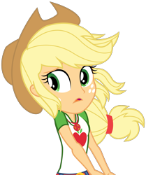 Size: 2375x2838 | Tagged: safe, artist:sketchmcreations, derpibooru import, applejack, better together, equestria girls, holidays unwrapped, applejack's hat, clothes, cowboy hat, disappointed, female, frown, geode of super strength, hat, looking sideways, magical geodes, open mouth, sad, shirt, simple background, the cider louse fools, transparent background, vector, windswept hair