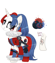 Size: 2299x2603 | Tagged: safe, artist:kellysweet1, derpibooru exclusive, derpibooru import, oc, oc only, oc:side-splitter, pony, unicorn, ammunition, ammunition belt, belt, boots, clothes, corset, ear piercing, earring, eyeshadow, female, gloves, grenade, grin, gun, handgun, holster, jewelry, makeup, mare, piercing, pigtails, pistol, running makeup, shoes, simple background, smiling, socks, solo, stockings, tattoo, thigh highs, transparent background, twintails, weapon