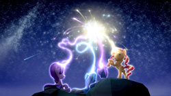 Size: 3840x2160 | Tagged: safe, artist:nebby14, derpibooru import, starlight glimmer, sunset shimmer, trixie, twilight sparkle, twilight sparkle (alicorn), alicorn, pony, unicorn, 3d, 4k, cute, fireworks, group, group shot, happy new year, hd, high res, holiday, magic, magic aura, magical quartet, mountain, new year, night, night sky, rearing, shooting star, sky, source filmmaker, space, stars, wallpaper