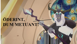 Size: 1386x792 | Tagged: safe, derpibooru import, edit, edited screencap, screencap, storm king, my little pony: the movie, antagonist, atreus (play), canterlot castle, cropped, latin, lucius accius, speech, staff, staff of sacanas, talking, throne, translated in the description