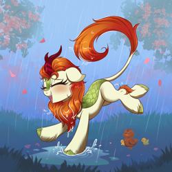 Size: 4000x4000 | Tagged: safe, artist:confetticakez, derpibooru import, autumn blaze, bird, duck, kirin, absurd resolution, awwtumn blaze, blushing, chest fluff, cute, duckling, ears, eyes closed, female, floppy ears, happy, leaves, open mouth, open smile, puddle, rain, smiling, solo, splash, tree, wet, wet mane