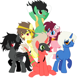 Size: 2000x2000 | Tagged: safe, derpibooru import, oc, oc only, oc:coyllur, oc:gehirn, oc:kakawatl, oc:pink velvet, oc:rex, oc:vlad tempest, bat pony, earth pony, pegasus, pony, unicorn, 2022 community collab, bat pony oc, derpibooru community collaboration, earth pony oc, eyebrows, eyebrows visible through hair, female, glasses, grin, group, high res, horn, male, mare, open mouth, open smile, pegasus oc, raised hoof, raised leg, simple background, sitting, smiling, stallion, transparent background, unicorn oc