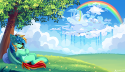 Size: 8000x4651 | Tagged: safe, artist:airiniblock, derpibooru import, oc, oc only, oc:typh, pegasus, pony, chest fluff, cloudsdale, ear fluff, ears, eyes closed, pegasus oc, rcf community, scenery, smiling, solo, tree
