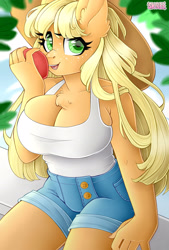 Size: 1920x2846 | Tagged: safe, artist:sk-ree, derpibooru import, applejack, anthro, earth pony, apple, applerack, big breasts, breast overpour, breasts, chest fluff, cleavage, cleavage fluff, clothes, cute, daisy dukes, female, food, jackabetes, looking at you, mare, open mouth, open smile, shirt, shorts, sitting, skindentation, smiling, smiling at you, solo, tanktop