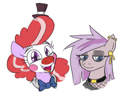Size: 424x319 | Tagged: safe, artist:jargon scott, derpibooru import, oc, oc:clown pony, oc:nada phase, earth pony, pony, bowtie, bust, choker, clown, clown makeup, duo, ear piercing, earring, eyeshadow, female, fishnet clothing, goth, hat, jewelry, lidded eyes, looking at you, makeup, mare, open mouth, open smile, piercing, siblings, simple background, sisters, smiling, smiling at you, tiny hat, top hat, white background