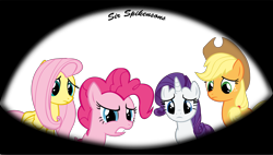 Size: 3000x1708 | Tagged: safe, artist:sirspikensons, derpibooru import, applejack, fluttershy, pinkie pie, rarity, earth pony, pegasus, pony, unicorn, read it and weep, season 2, female, frown, high res, mare, offscreen character, pov, simple background, teeth, transparent background, vector, worried