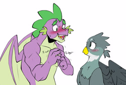 Size: 3871x2622 | Tagged: safe, artist:chub-wub, derpibooru import, gabby, spike, dragon, griffon, blushing, eye contact, female, fidgeting, looking at each other, male, nervous, older, older gabby, older spike, open mouth, shipping, simple background, spabby, straight, white background, winged spike, wings