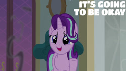 Size: 1280x720 | Tagged: safe, derpibooru import, edit, edited screencap, editor:quoterific, screencap, starlight glimmer, pony, unicorn, a matter of principals, season 8, female, mare, open mouth, open smile, school of friendship, smiling, solo