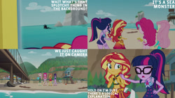 Size: 1280x720 | Tagged: safe, derpibooru import, edit, edited screencap, editor:quoterific, screencap, fluttershy, pinkie pie, sci-twi, sunset shimmer, timber spruce, twilight sparkle, equestria girls, equestria girls series, unsolved selfie mysteries, bare shoulders, beach, cellphone, clothes, eyes closed, female, geode of empathy, geode of fauna, geode of sugar bombs, geode of telekinesis, glasses, hairpin, hand on hip, jewelry, magical geodes, male, necklace, one-piece swimsuit, open mouth, phone, ponytail, sandals, sleeveless, smartphone, swimsuit