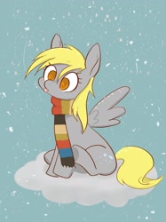 Size: 2048x2732 | Tagged: safe, artist:noupu, derpibooru import, derpy hooves, pegasus, pony, clothes, cloud, cute, derpabetes, female, mare, on a cloud, scarf, sitting, sitting on cloud, snow, snowfall, solo, spread wings, striped scarf, tongue, tongue out, underhoof, wings