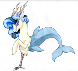 Size: 1866x1700 | Tagged: safe, artist:ask-y, derpibooru import, oc, oc only, hybrid, pony, sea pony, antlers, crack ship offspring, interspecies offspring, offspring, parent:discord, parent:sapphire shores, smiling, solo, traditional art