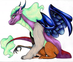 Size: 1986x1680 | Tagged: safe, artist:ask-y, derpibooru import, oc, oc only, draconequus, draconequus oc, interspecies offspring, magical threesome spawn, multiple parents, offspring, parent:discord, parent:nightmare moon, parent:spike, simple background, traditional art, white background