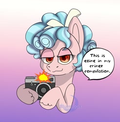 Size: 1336x1357 | Tagged: safe, artist:bluemoon, derpibooru import, cozy glow, earth pony, pony, camera, camera flashes, commission, cringe compilation, female, filly, foal, looking at you, smug, solo, ych result