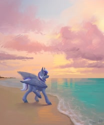 Size: 1800x2160 | Tagged: safe, artist:inarimayer, derpibooru import, oc, oc only, pegasus, pony, beach, cloud, outdoors, pegasus oc, solo