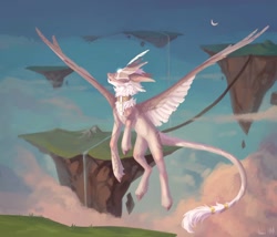 Size: 1080x926 | Tagged: safe, artist:inarimayer, derpibooru import, oc, oc only, dracony, dragon, hybrid, pony, cloud, crescent moon, floating island, flying, leonine tail, moon, solo, tail, wings