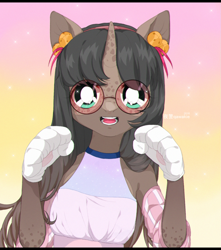 Size: 1353x1530 | Tagged: safe, artist:qawakie, derpibooru import, oc, oc only, anthro, cat, cat pony, original species, abstract background, bust, clothes, commission, female, glasses, horn, smiling, solo, ych result