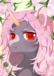 Size: 1000x1400 | Tagged: safe, artist:qawakie, derpibooru import, oc, oc only, pony, unicorn, bust, ear piercing, earring, flower, frown, horn, jewelry, piercing, solo, unicorn oc