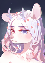 Size: 1000x1400 | Tagged: safe, artist:qawakie, derpibooru import, oc, oc only, anthro, antlers, bust, frown, heterochromia, solo