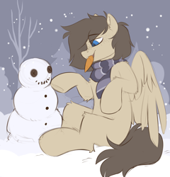 Size: 2174x2264 | Tagged: safe, artist:crimmharmony, derpibooru import, oc, oc only, oc:snaggletooth, pegasus, pony, carrot, clothes, food, freckles, male, scarf, snow, snowman, solo