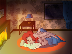 Size: 3200x2400 | Tagged: safe, artist:quillintortilla, derpibooru import, oc, oc only, oc:scarlett lane, oc:snaggletooth, pegasus, pony, blanket, fire, fireplace, freckles, lamp, pillow, sleeping