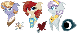 Size: 2447x1039 | Tagged: safe, artist:gallantserver, derpibooru import, oc, oc only, earth pony, pegasus, pony, unicorn, bust, clothes, female, male, mare, offspring, parent:flash magnus, parent:meadowbrook, parent:mistmane, parent:rockhoof, parent:somnambula, parent:star swirl the bearded, portrait, scarf, simple background, stallion, striped scarf, transparent background