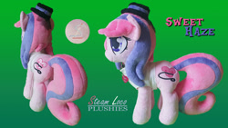 Size: 1920x1080 | Tagged: safe, artist:steam-loco, derpibooru import, oc, oc only, oc:sweet haze, earth pony, pony, clothes, collar, commission, cute, earth pony oc, embroidery, fedora, hat, heart, irl, male, photo, plushie, simple background, solo