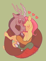 Size: 1063x1397 | Tagged: safe, artist:friendlyfloaty, derpibooru import, discord, fluttershy, discoshy, eyes closed, female, green background, heart, male, shipping, simple background, snuggling, straight