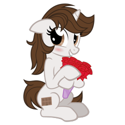 Size: 1500x1500 | Tagged: safe, artist:the smiling pony, derpibooru import, oc, oc only, oc:dorm pony, unicorn, .svg available, 2022 community collab, blushing, bouquet, derpibooru community collaboration, ears, floppy ears, flower, looking at you, rose, simple background, smiling, solo, svg, transparent background, vector