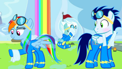 Size: 1280x720 | Tagged: safe, artist:mlplary6, derpibooru import, fleetfoot, rainbow dash, soarin', pegasus, pony, blushing, clothes, female, male, shipping, soarindash, straight, uniform, wet, wet mane, wonderbolts uniform