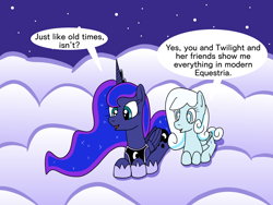 Size: 1600x1200 | Tagged: safe, artist:platinumdrop, derpibooru import, princess luna, oc, oc:snowdrop, alicorn, pegasus, pony, cloud, dialogue, duo, duo female, female, folded wings, hoof shoes, horn, lying down, lying on a cloud, on a cloud, open mouth, pegasus oc, prone, request, speech bubble, stars, tail, teal eyes, two toned mane, two toned tail, wings