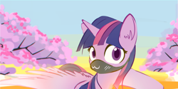 Size: 1700x847 | Tagged: safe, artist:manicpanda, derpibooru import, twilight sparkle, twilight sparkle (alicorn), alicorn, pony, :3, cherry blossoms, chromatic aberration, colored pupils, ear fluff, ears, face mask, flower, flower blossom, looking at you, mask, solo, spread wings, wings