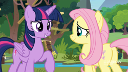 Size: 1920x1080 | Tagged: safe, derpibooru import, screencap, fluttershy, twilight sparkle, twilight sparkle (alicorn), alicorn, pegasus, pony, memnagerie, spoiler:memnagerie, spoiler:mlp friendship is forever, butt, cute, duo, duo female, female, flower, flutterbutt, folded wings, grin, gritted teeth, mare, outdoors, plot, raised hoof, raised leg, river, shyabetes, smiling, sweet feather sanctuary, water, wings