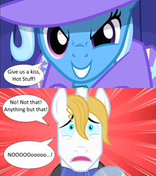 Size: 1280x1440 | Tagged: safe, derpibooru import, edit, edited screencap, screencap, prince blueblood, trixie, pony, unicorn, boast busters, the best night ever, bluetrix, cape, close-up, clothes, dialogue, female, hat, imminent kissing, male, shipping, shipping domino, speech bubble, straight, trixie's cape, trixie's hat, worried