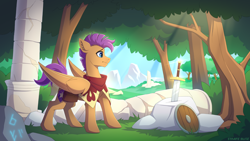 Size: 3840x2160 | Tagged: safe, artist:strafe blitz, derpibooru import, oc, oc only, oc:bulwark, pegasus, pony, bag, ruins, runes, saddle bag, shield, solo, sword, tree, weapon