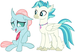 Size: 3100x2168 | Tagged: safe, artist:memnoch, artist:sonofaskywalker, derpibooru import, edit, ocellus, terramar, changedling, changeling, classical hippogriff, hippogriff, surf and/or turf, crack shipping, duo, female, high res, interspecies, jewelry, male, necklace, open mouth, open smile, shipping, simple background, sitting, smiling, straight, terracellus, transparent background, vector