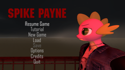 Size: 1920x1080 | Tagged: safe, artist:ponygamersfm, derpibooru import, edit, screencap, spike, anthro, digitigrade anthro, dragon, 3d, bust, clothes, crossover, game, jewelry, lidded eyes, main menu, male, max payne, necklace, nexgen, outfit, portrait, red background, shirt, simple background, solo, source filmmaker, spike payne, text, title, video game, video game crossover