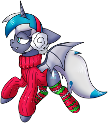 Size: 1947x2212 | Tagged: safe, artist:northernlightsone, derpibooru import, oc, oc only, oc:elizabat stormfeather, alicorn, bat pony, bat pony alicorn, pony, alicorn oc, bat pony oc, bat wings, christmas sweater, clothes, commission, earmuffs, fangs, female, horn, mare, raised hoof, raised leg, simple background, socks, solo, stockings, striped socks, sweater, thigh highs, transparent background, wings, ych result